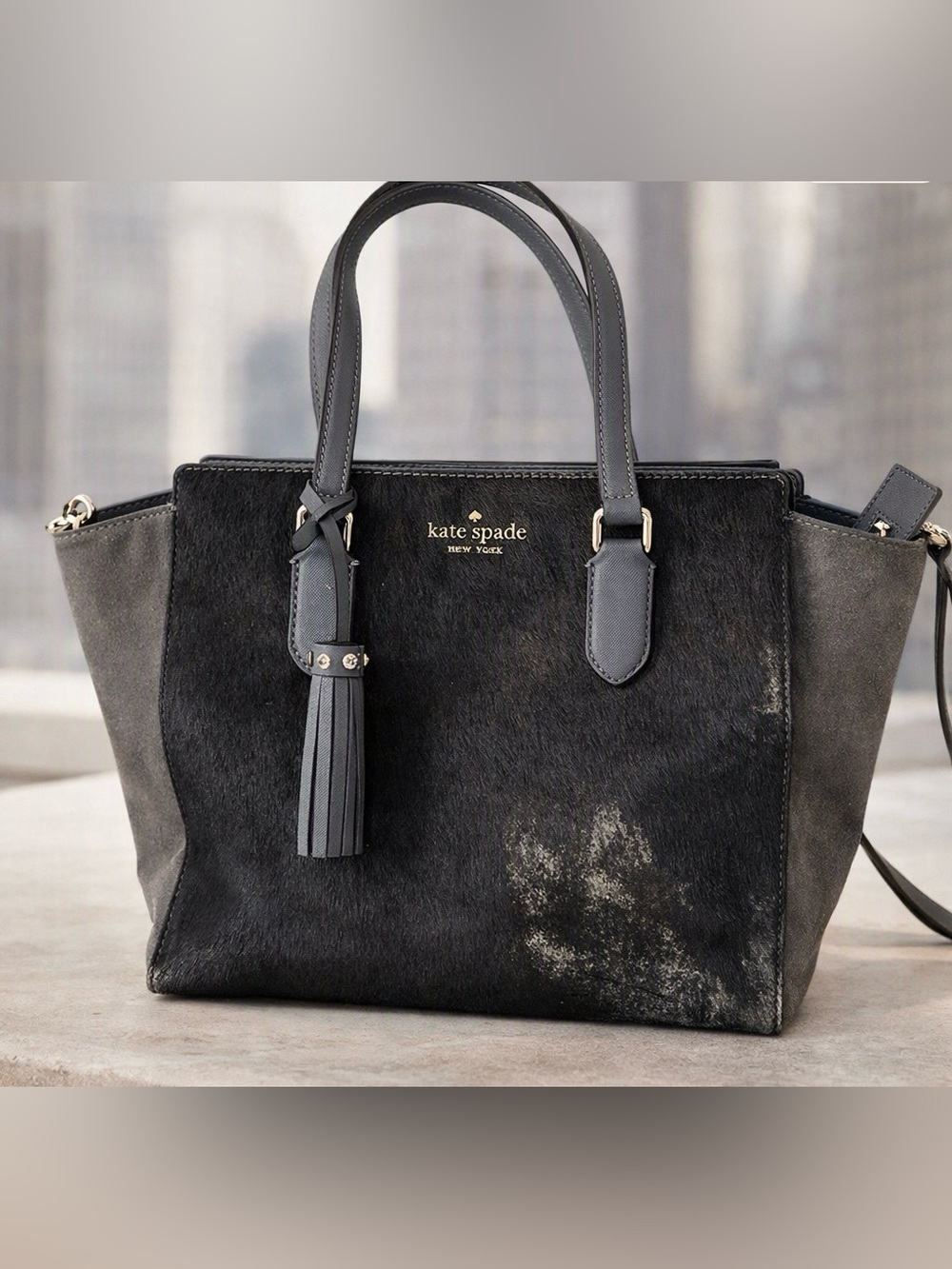 Kate Spade Laurel Way Hadlee Haircalf & Suede Leather Satchel Grey Calf Hair bag